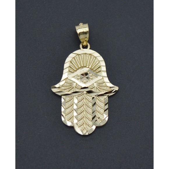 Real 10K Solid Yellow Gold Shiny Hamsa Hand Lucky Jewish Filigree Pendant 2.1gr - Picture 1 of 7